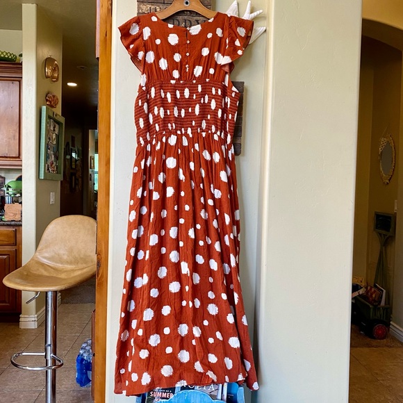 THML Rust Polka Dot Smocked Flutter Sleeve Dress - Picture 11 of 15